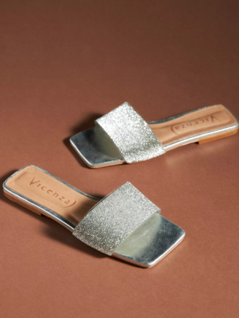 Vicenza Diamonds Metallic Leather Slide Sandals NWT